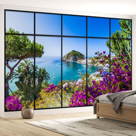 Papier peint panoramique Trompe l'oeil Verrière - Vue mer - 340 cm x 215 cm (1/5)