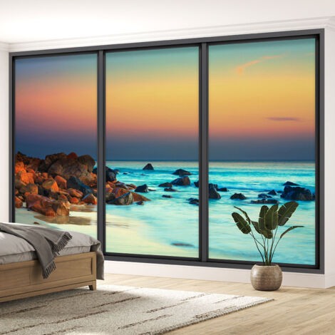 Papier peint panoramique Trompe l'oeil baie vitrée - Vue mer - 130 cm x 78 cm (1/5)