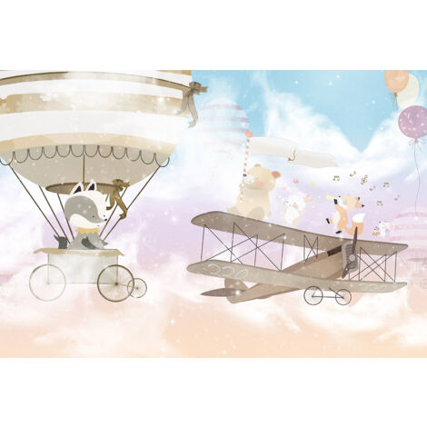 Papier peint panoramique Enfants - Animaux Montgolfières - 195 cm x 131 cm (1/2)