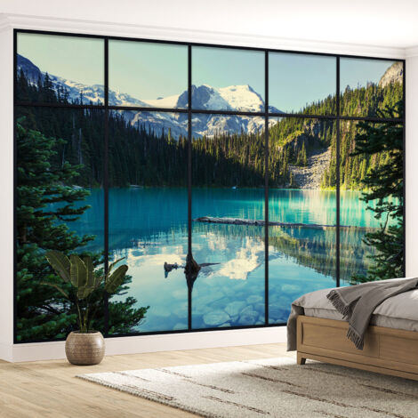Papier peint panoramique Trompe l'oeil Verrière - lac et montagnes - 260 cm x 164 cm (1/5)