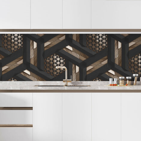 Crédence adhésive cuisine - Bois Géométrique - 60x105 cm - Adhésif BRILLANT (1/5)