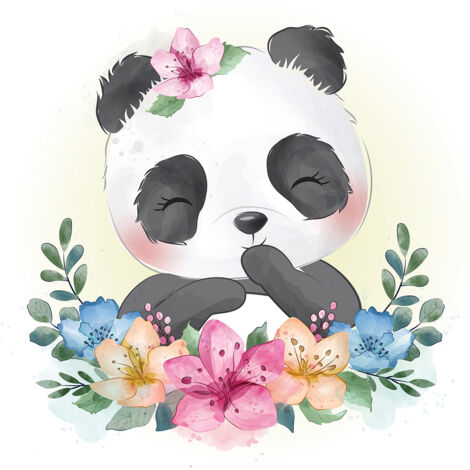 Papier peint panoramique Enfants - Panda Fleurs - 130 cm x 90 cm (1/2)