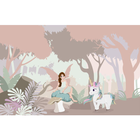 Papier peint panoramique Enfants - Fée Licorne - 195 cm x 126 cm (1/2)