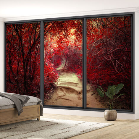 Papier peint panoramique Trompe l'oeil baie vitrée - Chemin forêt - 130 cm x 78 cm (1/5)