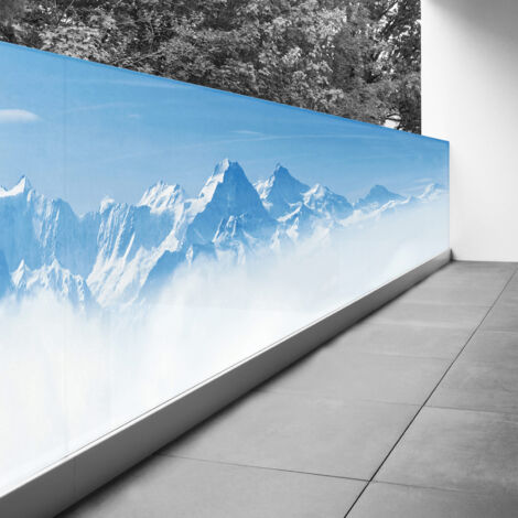 Brise vue Trompe l'oeil - 100x400 cm - Montagnes neige - Recto Imprimé / Verso BlancBâche Micro Perforée - 80% d'occultation (1/3)