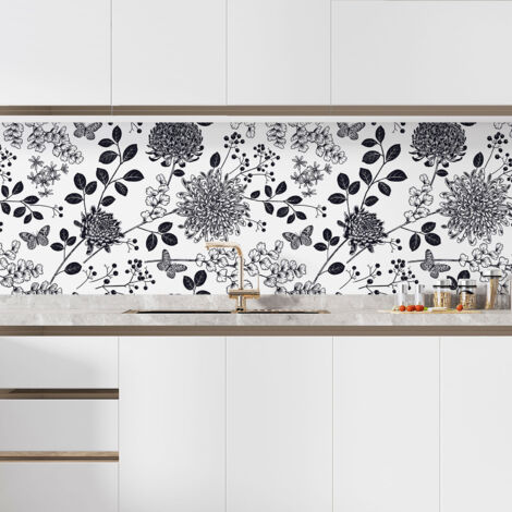 Crédence adhésive cuisine - Fleurs papillons - 50x75 cm - Adhésif BRILLANT (1/5)