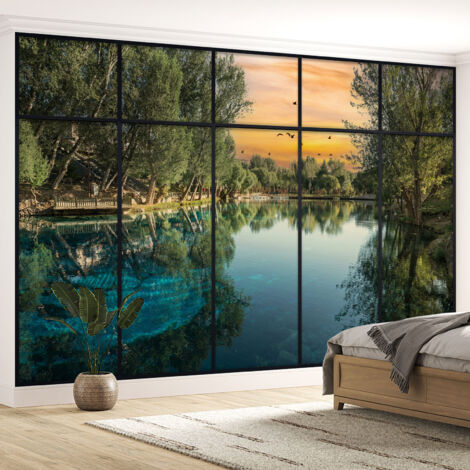 Papier peint panoramique Trompe l'oeil Verrière - Lac et arbres - 130 cm x 82 cm (1/5)