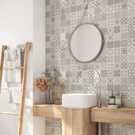 Crédence adhésive salle de bain - Motif carreaux de ciment - 65x65 cm - Adhésif BRILLANT (1/4)