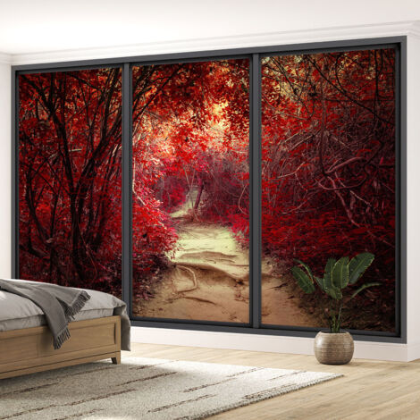 Papier peint panoramique Trompe l'oeil baie vitrée - Chemin forêt - 130 cm x 78 cm (1/5)