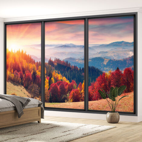 Papier peint panoramique Trompe l'oeil baie vitrée - Forêt automne - 130 cm x 78 cm (1/5)