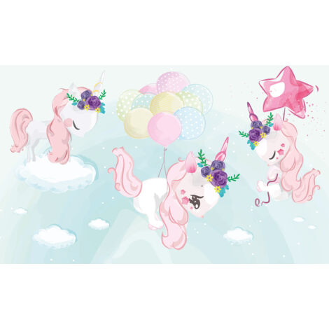 Papier peint panoramique Enfants - Licornes Ballons - 130 cm x 81 cm (1/2)