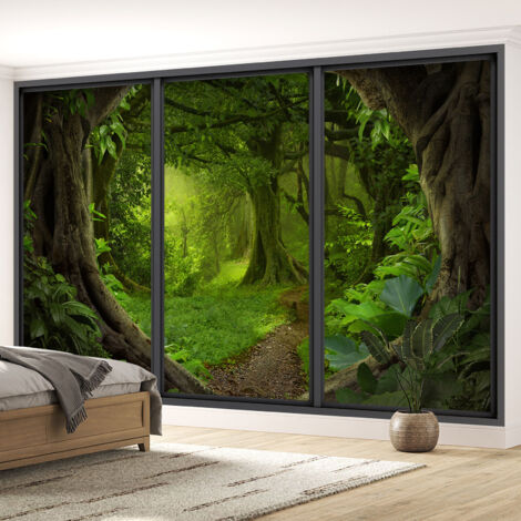 Papier peint panoramique Trompe l'oeil baie vitrée - Chemin forêt - 130 cm x 78 cm (1/5)