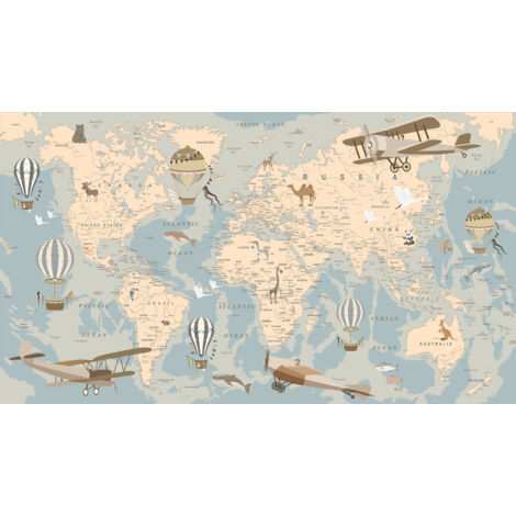Papier peint panoramique Enfants - Carte du Monde - 195 cm x 110 cm (1/2)