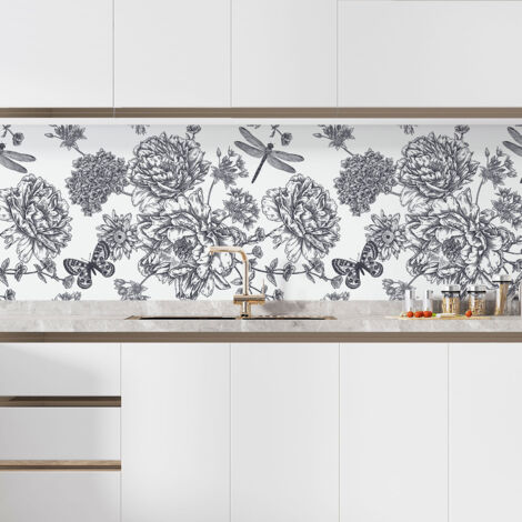 Crédence adhésive cuisine - Fleurs papillons - 60x90 cm - Adhésif + Protection MATE (1/5)