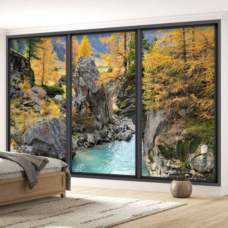 Papier peint panoramique Trompe l'oeil baie vitrée - Rivière forêt - 130 cm x 78 cm (1/5)