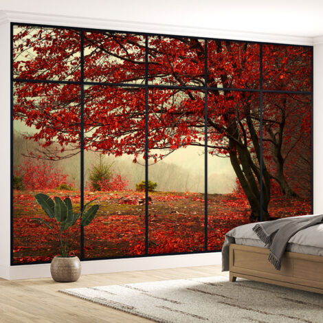 Papier peint panoramique Trompe l'oeil Verrière - Arbre feuilles rouges - 395 cm x 250 cm (1/5)