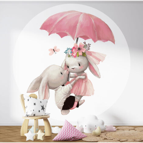 Papier peint rond / cercle Enfants - Lapins Parapluie - Diamètre 40 cm (1/3)