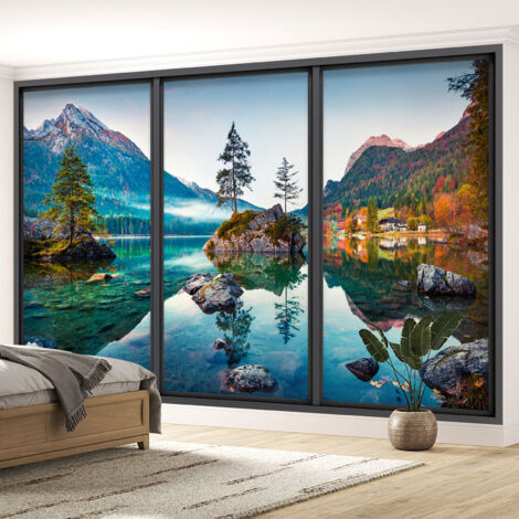 Papier peint panoramique Trompe l'oeil baie vitrée - Lac et montagnes - 130 cm x 78 cm (1/5)