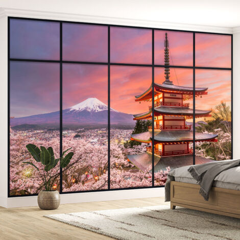 Papier peint panoramique Trompe l'oeil Verrière - Temple japonais vue mont fuji - 130 cm x 82 cm (1/5)