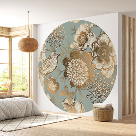 Papier peint rond / cercle - Fleurs Oiseau - Diamètre 40 cm (1/4)