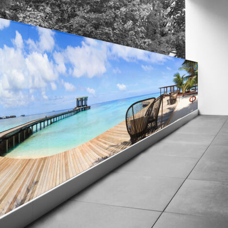 Brise vue Trompe l'oeil - 90x360 cm - Ponton mer paradisiaque - Recto Imprimé / Verso BlancBâche Micro Perforée - 80% d'occultation (1/3)