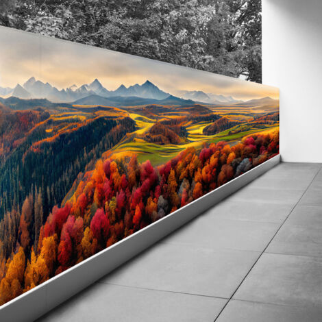 Brise vue Trompe l'oeil - 90x250 cm - Paysage montagnes - Recto Imprimé / Verso BlancBâche Pleine - 100% d'occultation (1/3)