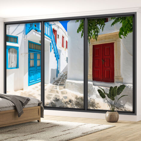 Papier peint panoramique Trompe l'oeil baie vitrée - Santorin - 130 cm x 78 cm (1/5)