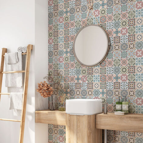 Crédence adhésive salle de bain - Motif carreaux de ciment - 50x50 cm - Adhésif BRILLANT (1/4)