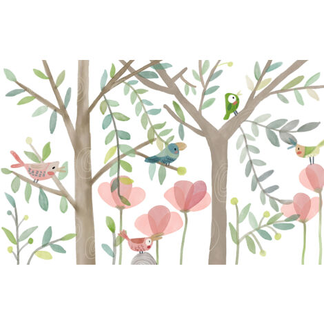 Papier peint panoramique Enfants - Arbres Oiseaux - 130 cm x 81 cm (1/2)