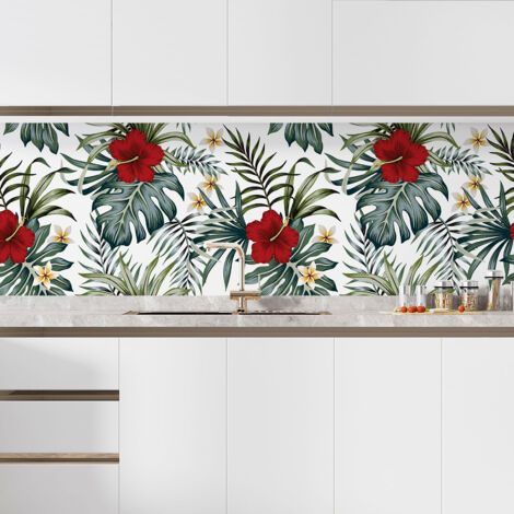 Crédence adhésive cuisine - Fleurs tropicales - 50x75 cm - Adhésif BRILLANT (1/5)