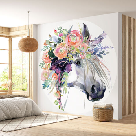 Papier peint rond / cercle Enfants - Licorne Fleurs - Diamètre 40 cm (1/4)