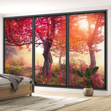 Papier peint panoramique Trompe l'oeil baie vitrée - Arbres feuilles rouges - 130 cm x 78 cm (1/5)