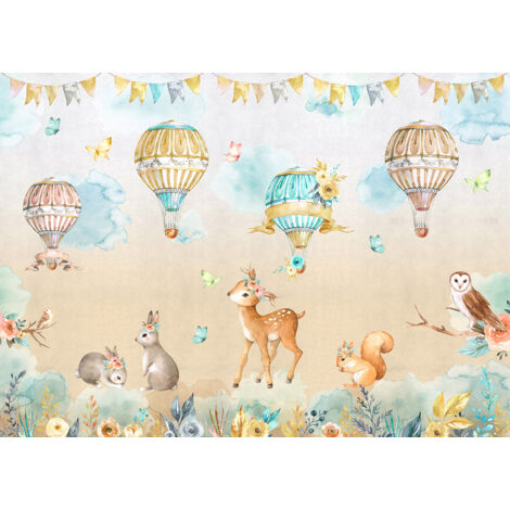 Papier peint panoramique Enfants - Animaux Montgolfières - 130 cm x 93 cm (1/2)