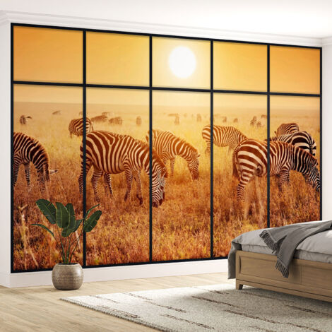 Papier peint panoramique Trompe l'oeil Verrière - Zèbres - 130 cm x 82 cm (1/5)