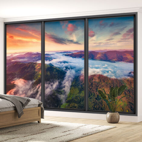 Papier peint panoramique Trompe l'oeil baie vitrée - Montagnes nuages - 130 cm x 78 cm (1/5)