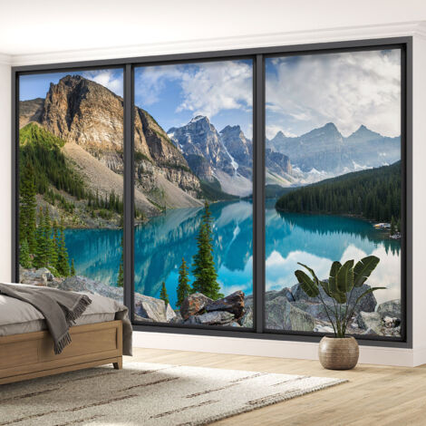 Papier peint panoramique Trompe l'oeil baie vitrée - Lac et montagnes - 130 cm x 78 cm (1/5)