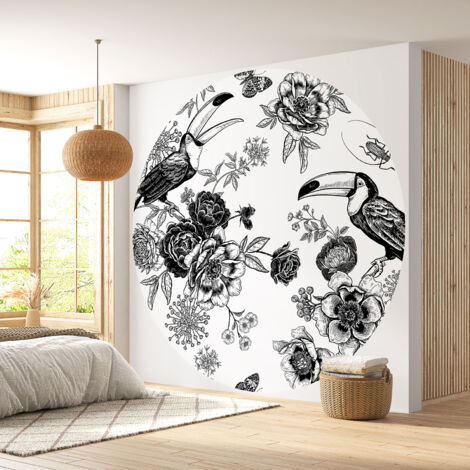 Papier peint rond / cercle - Fleurs Toucans - Diamètre 40 cm (1/4)