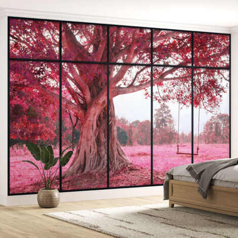 Papier peint panoramique Trompe l'oeil Verrière - Arbre fleurs roses - 395 cm x 250 cm (1/5)