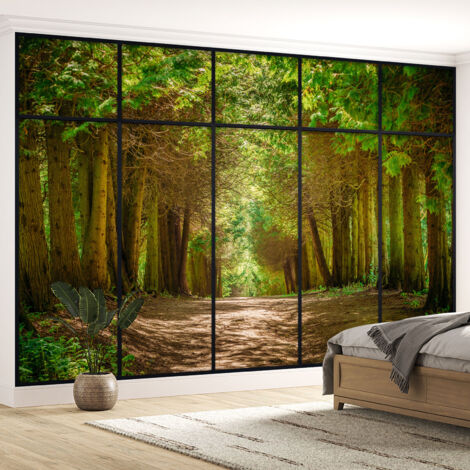 Papier peint panoramique Trompe l'oeil Verrière - Chemin forêt - 130 cm x 82 cm (1/5)