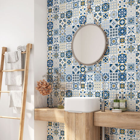 Crédence adhésive salle de bain - Motif carreaux de ciment - 50x50 cm - Adhésif + Protection BRILLANTE (1/4)