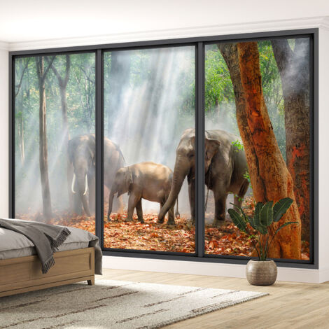Papier peint panoramique Trompe l'oeil baie vitrée - Éléphants - 130 cm x 78 cm (1/5)