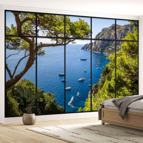 Papier peint panoramique Trompe l'oeil Verrière - Vue mer - 390 cm x 247 cm (1/5)