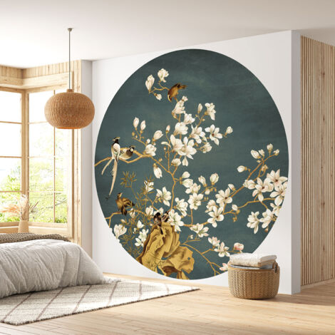 Papier peint rond / cercle - Fleurs Oiseaux - Diamètre 195 cm en 3 Parties (1/4)