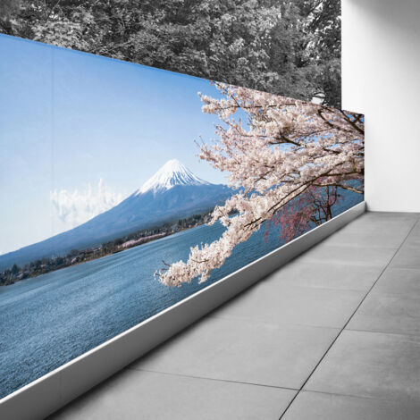 Brise vue Trompe l'oeil - 90x250 cm - Le Mont Fuji au bord de l'eau - Recto Imprimé / Verso BlancBâche Pleine - 100% d'occultation (1/3)