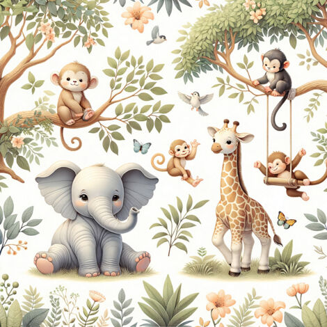 Papier peint panoramique Enfants - Animaux de la Jungle - 130 cm x 130 cm (1/2)