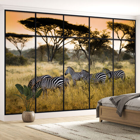 Papier peint panoramique Trompe l'oeil Verrière - Zèbres - 130 cm x 82 cm (1/5)