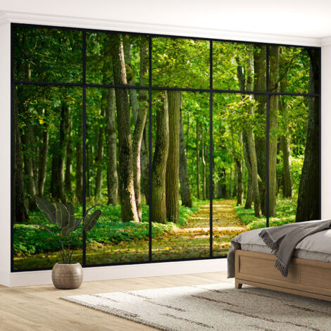 Papier peint panoramique Trompe l'oeil Verrière - Chemin forêt - 130 cm x 82 cm (1/5)