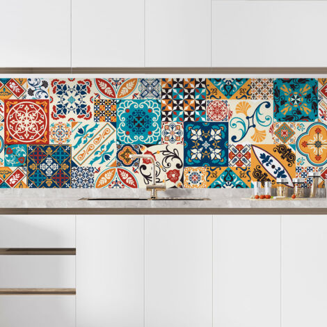 Crédence adhésive cuisine - Effet carreaux de ciment - 90x270 cm - Adhésif + Protection MATE (1/5)