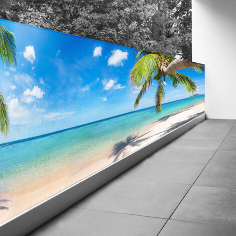 Brise vue Trompe l'oeil - 100x425 cm - Vue plage cocotiers - Recto Imprimé / Verso BlancBâche Pleine - 100% d'occultation (1/3)