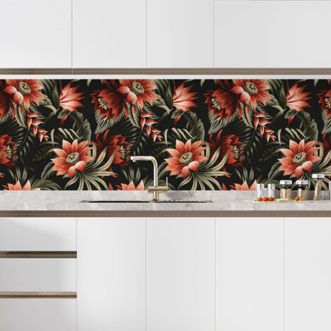 Crédence adhésive cuisine - Fleurs tropicales - 55x55 cm - Adhésif + Protection BRILLANTE (1/5)